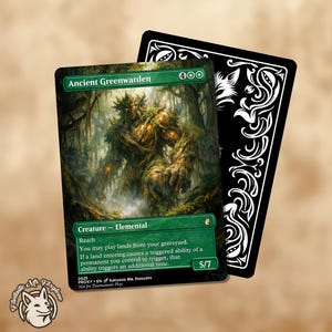 May include: A Magic: The Gathering card depicting the "Ancient Greenwarden". The card shows a detailed illustration of a forest elemental in green and brown tones. The card's text box details its abilities. A black card with white ornate designs is behind it.