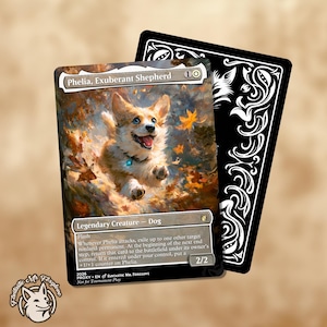 Pode incluir: Um cartão colecionável com uma ilustração de corgi intitulada "Phelia, Exuberant Shepherd". O cartão tem um fundo com tema de outono e um verso preto com redemoinhos decorativos brancos. O cartão é uma Criatura Lendária - Cão.