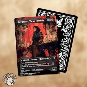 May include: A collectible card featuring the character "Yawgmoth, Thran Physician." The card has a dark, detailed illustration with red and brown tones. The card's text includes "Legendary Creature - Human Cleric" and other game instructions. A black card back is visible.