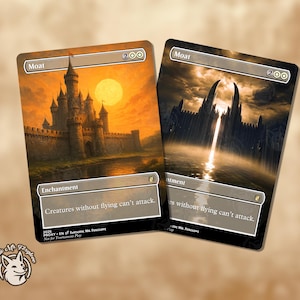 May include: Two fantasy-themed trading card game cards. One card depicts a castle at sunset, the other a dark castle with light shining through. Both cards have the word "Moat" at the top and the text "Creatures without flying can't attack."
