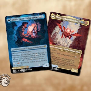 May include: Two collectible trading cards. One card features a blue-toned illustration of a scientist, the text "Goben, Gene-Splice Savant," and game instructions. The other card shows a red goblin with the text "Fleem, Goben's Creation" and game instructions.