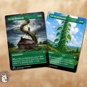 May include: Two fantasy trading cards, each labelled "Up the Beanstalk." One card shows a figure climbing a beanstalk towards a house. The other card depicts a beanstalk against a blue sky. Both cards have green borders and text.