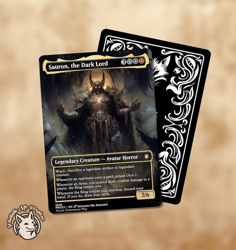 May include: A black and gold fantasy trading card featuring a dark lord character with a crown and a red eye. The card text reads "Sauron, the Dark Lord" and includes the mana cost "3000". The card is a legendary creature with the subtype "Avatar Horror".
