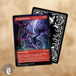 May include: A fantasy card titled "Dragon Tempest" featuring illustrations of dragons and lightning. The card has a red banner with the title and a mana cost of 10. A black card with a white decorative design is behind it.
