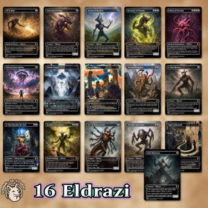 May include: A display of 16 Eldrazi trading cards. Each card showcases distinct artwork and text, depicting various creatures and landscapes. The cards have a black border and are designed for a fantasy card game.