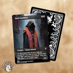 May include: A "Dark Confidant" trading card showing a robed figure with a hood, detailed with orange and purple. The card has a black border and text detailing its abilities. A second card with a decorative black and white design is also visible.