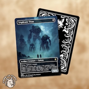 May include: A rectangular game card titled Triplicate Titan featuring a dark blue illustration of three large mechanical golems in a misty landscape. The card text details the artifact creature stats, abilities, and a 9/9 power and toughness rating.