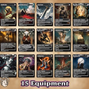 Puede incluir: Una colección de 15 cartas de equipamiento de fantasía. Cada carta presenta ilustraciones y texto únicos, con títulos como "Basilisk Collar", "Blackblade Reforged" y "Baster Sword". Las cartas están diseñadas para un juego de cartas coleccionables.