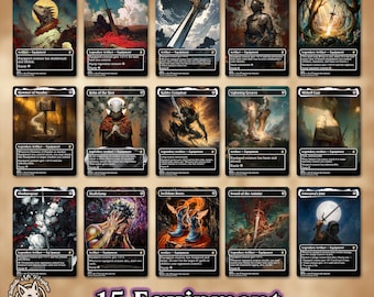 Puede incluir: Una colección de 15 cartas de equipamiento de fantasía. Cada carta presenta ilustraciones y texto únicos, con títulos como "Basilisk Collar", "Blackblade Reforged" y "Baster Sword". Las cartas están diseñadas para un juego de cartas coleccionables.