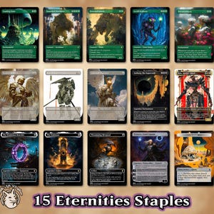 Puede incluir: Una colección de 15 cartas coleccionables de Magic: The Gathering. Las cartas presentan diversas ilustraciones de arte fantástico, incluyendo criaturas, paisajes y artefactos. Las cartas están en inglés y tienen una variedad de colores y diseños.