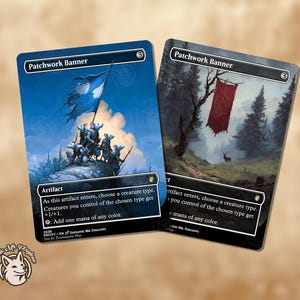 May include: Two "Patchwork Banner" trading cards. One card features a blue banner with a group of creatures, the other a red banner in a forest. Both cards have text describing the artifact's abilities.