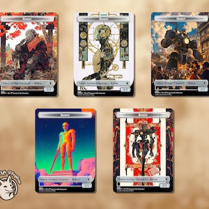 Puede incluir: Cinco cartas de arte fantástico con robots. Cada carta presenta una ilustración única de un robot en varios entornos. Las cartas incluyen el texto "Robot" y "Token Artifact Creature - Robot" con una fuerza/resistencia de 2/2.