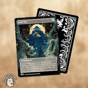 May include: A fantasy card featuring the text "Land Tax" and a blue-robed figure illustration. The card's reverse is black with a white decorative pattern. A fox logo is in the lower left corner. The card is an enchantment.