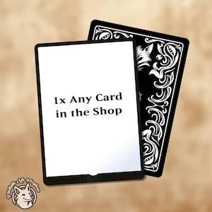 May include: Two playing cards. One card has the text "1x Any Card in the Shop" on a white background. The other card is black with a white decorative design. A logo of a fox is in the bottom left corner.