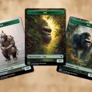 May include: Three fantasy art cards featuring apes. Each card has the word "APE" at the top. One card shows an ape in armor, another shows an ape's face in foliage, and the third shows a gorilla in a jungle setting. Each card is labeled "Token Creature - Ape" and has a 3/3 power/toughness.