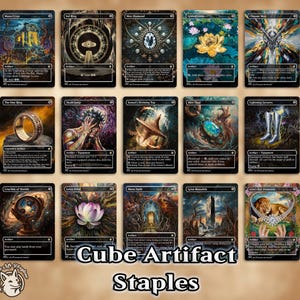 Puede incluir: Una colección de 12 cartas de Magic: The Gathering que representan varios artefactos. Las cartas están dispuestas en una cuadrícula con un fondo negro y obras de arte coloridas. Las cartas incluyen Mana Crypt, El Anillo Único, La Cima Divinatoria de Semer, Mox Ópalo, Grevas de Rayo, Crisol de Mundos, Pétalo de Loto, Bóveda de Mana, Monolito Gris, Diamante del Ojo de León, y más.