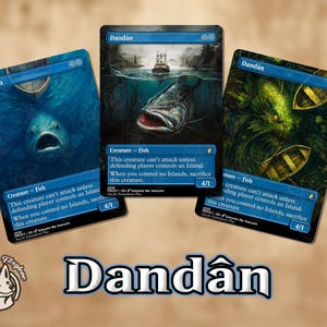 May include: Three "Dandân" trading cards featuring aquatic creatures. The cards have blue borders and depict fish in various underwater scenes. Each card includes the text "Creature - Fish" and game rules. The cards are set against a tan background.