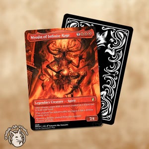 May include: A collectible trading card featuring the "Myojin of Infinite Rage" character, with a fiery red and orange illustration. The card has a 7/4 power and toughness rating and includes text describing its abilities. A black card back is visible.