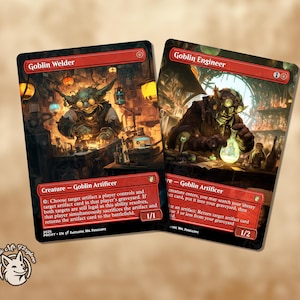 Może przedstawiać: Dwie karty z gry Magic: The Gathering przedstawiające postacie goblinów. Pierwsza karta nazywa się "Goblin Welder" i przedstawia goblina spawającego metal w warsztacie. Druga karta nazywa się "Goblin Engineer" i przedstawia goblina pracującego z miksturą w warsztacie.