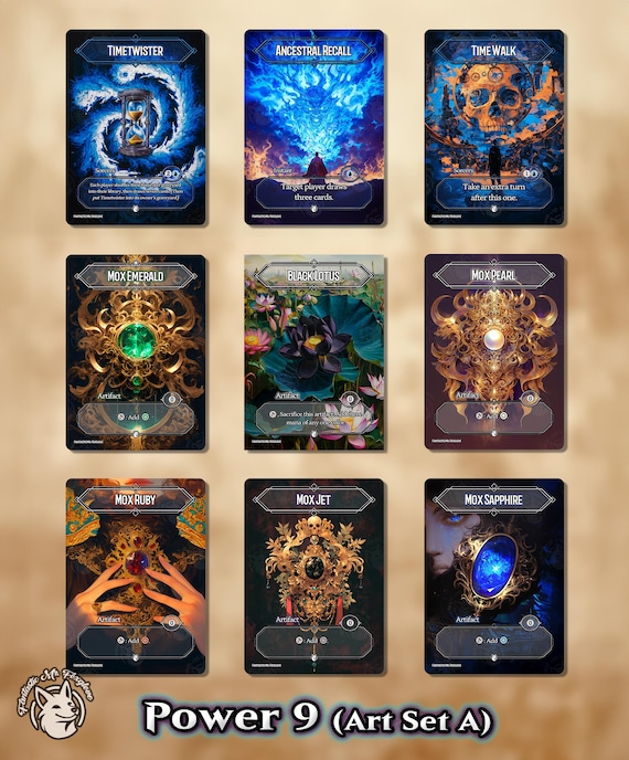 Power 9 | Proxy Cards for Vintage & Cube — Black Lotus, Time Walk, Ancestral Recall, Timetwister, Mox Ruby, Jet, Pearl, Emerald, Sapphire