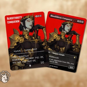 Puede incluir: Dos cartas coleccionables "Bloodthirsty Conqueror" sobre fondo rojo. Presentan un caballero vampiro con armadura dorada. El texto incluye "Criatura - Vampire Knight" y habilidades del juego. Cartas de juego de fantasía.