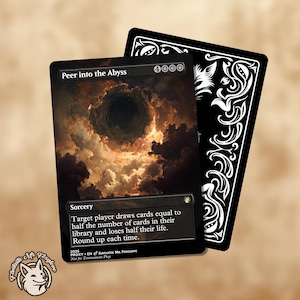 May include: A Magic: The Gathering card titled "Peer into the Abyss" with a dramatic, swirling cloudscape design. The card's text describes a sorcery effect. A second card with a decorative black and white back is visible.
