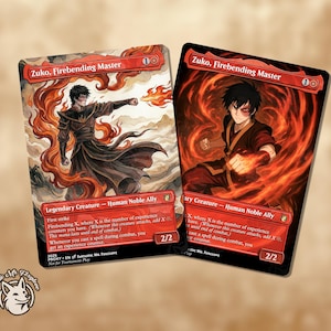 Könnte beinhalten: Zwei Sammelkarten mit Zuko, Firebending Master, vor feurigen orange-roten Hintergründen. Die Karten zeigen Illustrationen von Zuko in Actionposen, mit Text wie "Legendary Creature - Human Noble Ally" und "2/2". Das Logo des Künstlers befindet sich unten links.