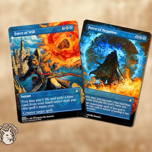 Puede incluir: Dos cartas coleccionables, "Force of Will" y "Force of Negation", con arte de fantasía. "Force of Will" muestra una figura en azul contra un fondo de fuego. "Force of Negation" representa una figura encapuchada en un campo de energía azul. Texto presente.