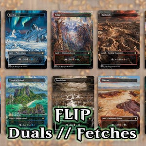 May include: A set of ten Magic: The Gathering cards featuring dual lands and fetch lands. The cards are arranged in two rows of five, with the front side of the cards facing up. The cards are all in the same style, with a black border and a colorful image in the center. The cards are all in English.
