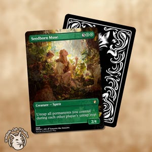 May include: A Seedborn Muse card with a fantasy art illustration of a woman in a forest setting. The card has green text boxes with game instructions and a power/toughness of 2/4. A black card with white decorative swirls is behind it.