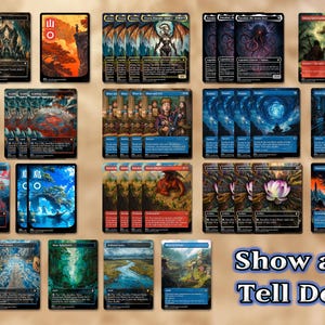 May include: A collection of 20 Magic: The Gathering cards featuring various fantasy and abstract art. The cards are arranged in a grid pattern on a brown background. The text "Show and Tell Deck" is written in blue letters at the bottom of the image.