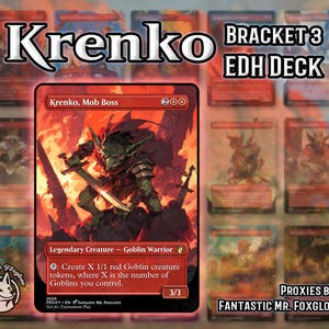 Peut inclure: Un ensemble de cartes Magic: The Gathering avec le personnage Krenko. La carte principale, "Krenko, Mob Boss", représente un guerrier gobelin avec une épée sur un fond enflammé. Le texte "BRACKET 3 EDH DECK" est visible.