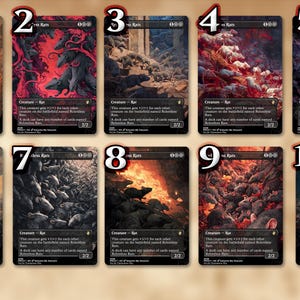 May include: A collection of ten fantasy art cards featuring illustrations of rats. Each card has a unique artwork, with varying color palettes including shades of gray, red, and orange. The cards are labeled with numbers from one to ten.