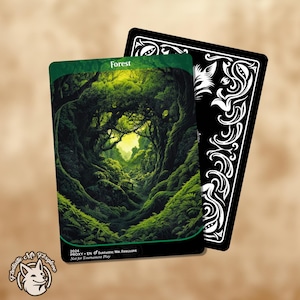 May include: A green forest card with a picture of a lush green forest with a path leading to a clearing. The card has the word "Forest" printed at the top and the text "2024 PROXY - EN FANTASTIC MR. FOXGLOVE Not for Tournament Play" printed at the bottom.