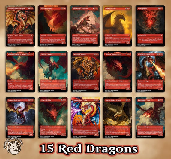 15 Red Dragons | Proxy Cards —Dracogenesis, Stormscale Scion, Balefire, Hellkite Tyrant, Lathliss, Drakuseth, Ancient Copper, Goldspan etc!