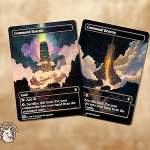 May include: Two "Command Beacon" trading cards. Each card features a fantasy landscape with a tall structure emitting a beam of light. The cards have black borders and include text at the top and bottom.