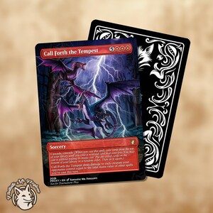 May include: A trading card titled Call Forth the Tempest featuring two dragons in a dark forest with lightning strikes. The card has red text boxes, a sorcery designation, and a black back with white ornate patterns. A small fox logo is visible.