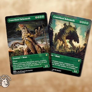 May include: Two Craterhoof Behemoth trading cards. One card features a reptilian beast with outstretched arms, the other a tree-like creature. Both cards have a green border, the text "Craterhoof Behemoth", and the number "5000". The cards are labeled "Creature - Beast".