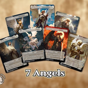 May include: Seven collectible trading cards with angel illustrations. Each card has a unique design with detailed artwork, including angels with wings, armour, and swords. The cards are set against a neutral background.