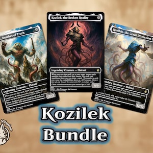 May include: A bundle of three collectible trading cards featuring the Eldrazi Kozilek characters. The cards display fantasy art with the names "Kozilek, Butcher of Truth", "Kozilek, the Broken Reality", and "Kozilek, the Great Distortion". The word "Bundle" is also visible.