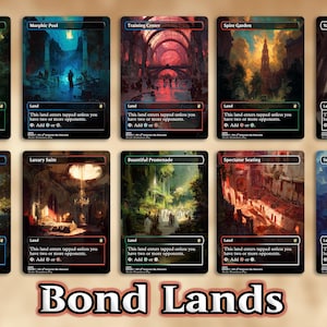 May include: A set of ten fantasy-themed land cards for a trading card game. The cards feature colorful illustrations of various locations, including a forest, a city, and a mountain range. Each card has a black border and a white text box with the card's name and rules text. The cards are arranged in two rows of five.