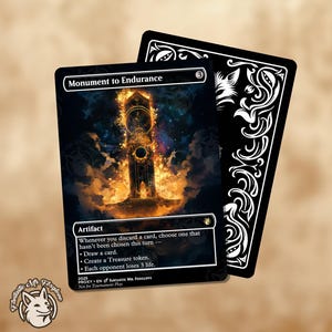以下が含まれることがあります： 「Monument to Endurance」の文字と、炎のような黄金色の構造のデザインが特徴のトレーディングカード。カードの裏面は黒色で、白い装飾模様が施されています。カードには「Artifact」と記載され、ゲームの説明が含まれています。