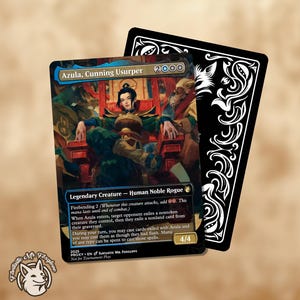 May include: A collectible card featuring Azula, Cunning Usurper, a Legendary Creature. The card has a detailed illustration of a character in a regal setting. The card's back is black with a white decorative design. The card is 4/4.