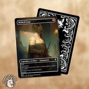 May include: A fantasy card featuring the text "Mithril Coat" and "Legendary Artifact - Equipment." The card depicts a warrior in golden armor. The card's reverse side is black with white decorative patterns. A logo of a fox is in the lower left corner.