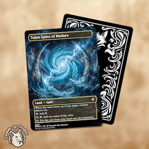 May include: A Magic: The Gathering card featuring the "Talon Gates of Madara" artwork. The card has a swirling blue and white design with text. A black card with white decorative elements is behind it. The card is labeled "PROXY EN FANTASTIC MR. FOXGLOVE".