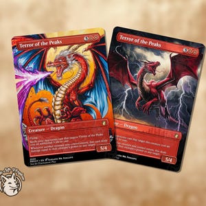May include: Two fantasy trading cards featuring dragon illustrations. One card shows a red dragon breathing purple fire, the other depicts a red dragon with lightning in the background. Both cards have the text "Terror of the Peaks".