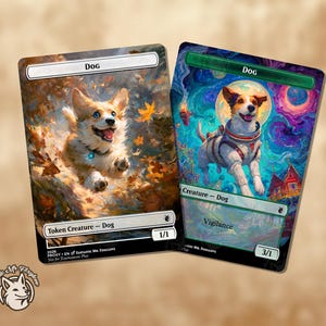 Pode incluir: Dois cartões colecionáveis retangulares rotulados como Dog. O cartão esquerdo mostra um corgi correndo entre folhas de outono com estatísticas 1/1. O direito apresenta um cão em traje espacial contra um fundo cósmico com Vigilance e 3/1.