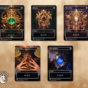 May include: Five Magic: The Gathering cards with gold and black frames. Each card features a different colored gem in a gold setting. The cards are titled "Mox Emerald", "Mox Jet", "Mox Pearl", "Mox Ruby", and "Mox Sapphire".
