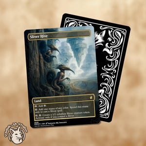 May include: A Magic: The Gathering card titled "Sliver Hive" featuring a fantasy landscape with two serpentine creatures. The card has a black border and includes text describing its abilities. A black card with white ornate designs is behind it.