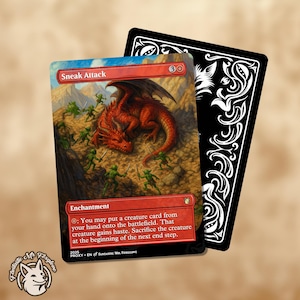 May include: A red and white Magic: The Gathering card with the text "Sneak Attack" and the mana cost of 3 red mana. The card is an enchantment with the following text: "You may put a creature card from your hand onto the battlefield. That creature gains haste. Sacrifice the creature at the beginning of the next end step."
